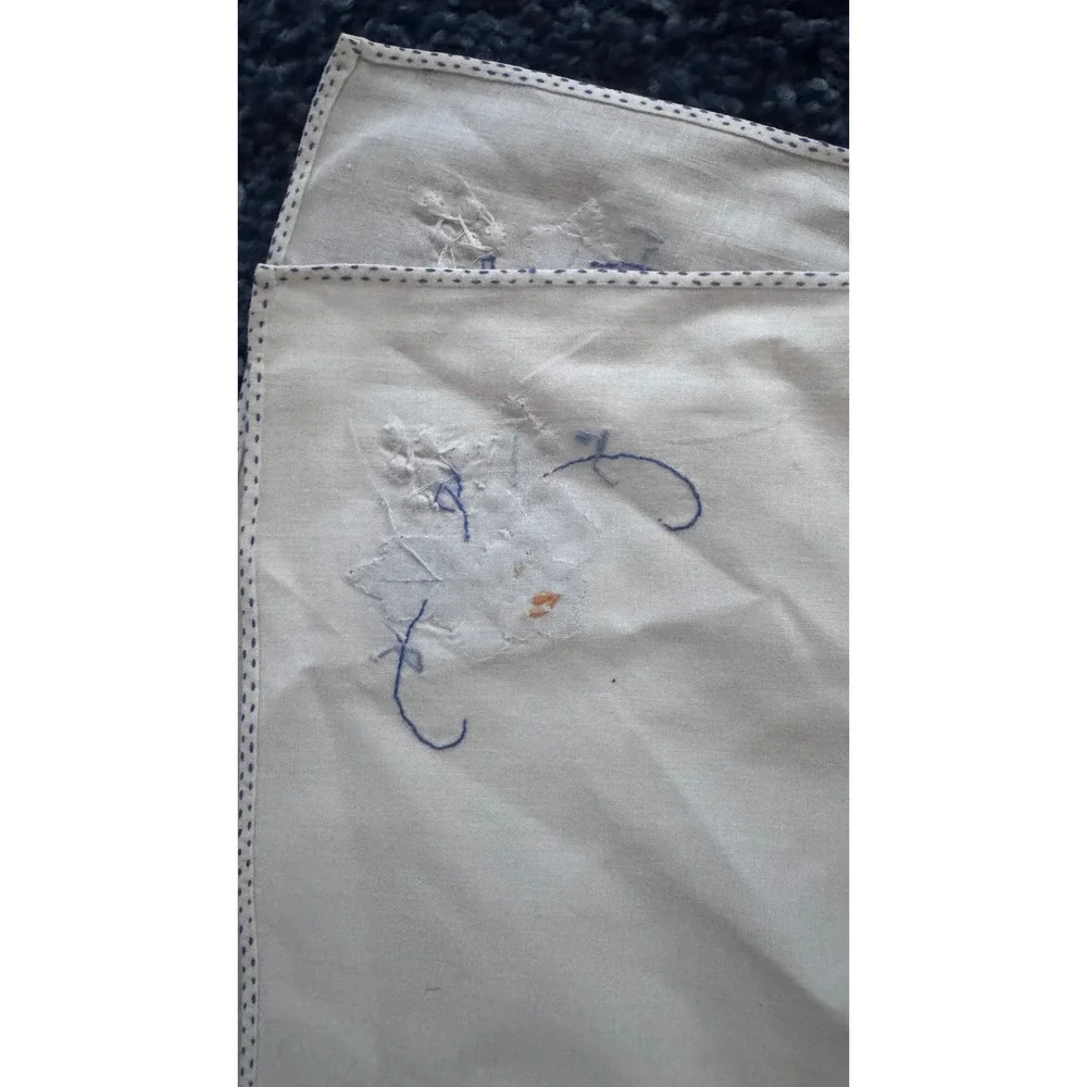 Vintage White Linen‎ Napkins Blue Floral Handmade Square Set of 2 15.5x15.5